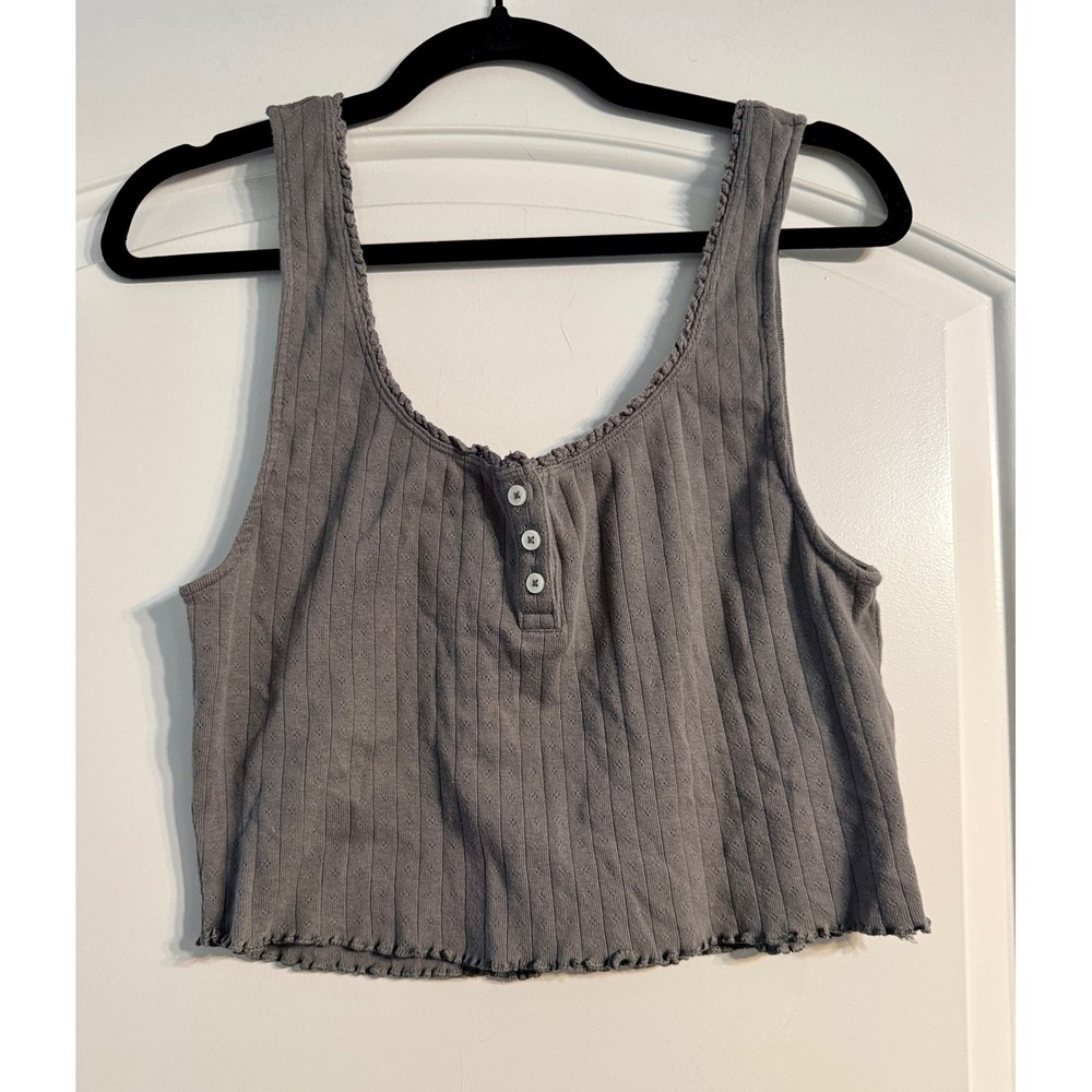 American Eagle Tank Top XL Gray Henley Pointelle Ribbed Crop Coquette